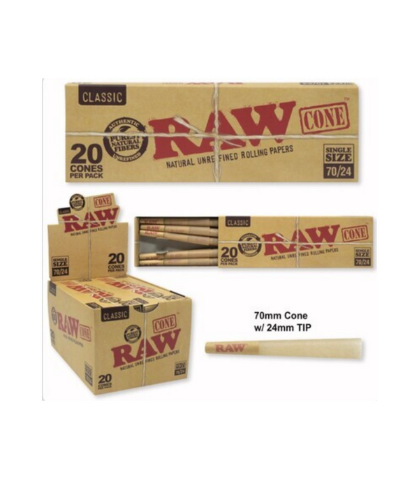 RAW CLASSIC CONE SINGLE SIZE 70/24 12 PACKS/BOX INDIVIDUAL